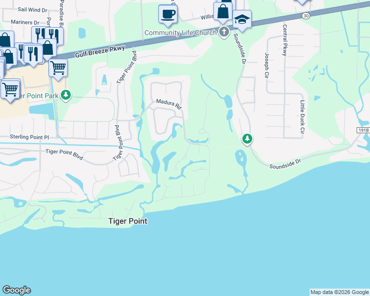map of restaurants, bars, coffee shops, grocery stores, and more near 1293 Greenview Lane in Gulf Breeze