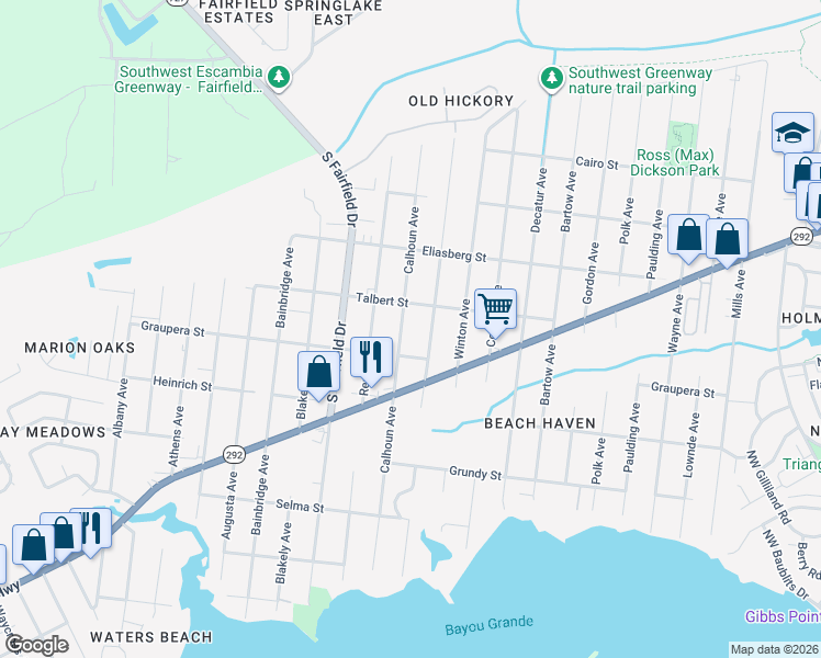map of restaurants, bars, coffee shops, grocery stores, and more near 711 Calhoun Avenue in Pensacola