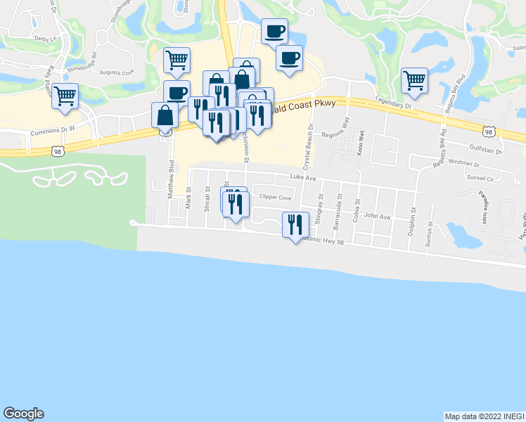 map of restaurants, bars, coffee shops, grocery stores, and more near 4455 Ocean View Drive in Destin