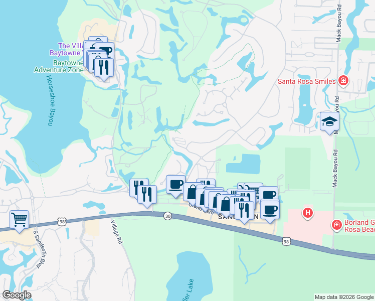 map of restaurants, bars, coffee shops, grocery stores, and more near 1143 Troon Drive in Miramar Beach