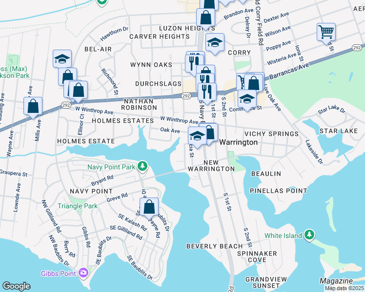 map of restaurants, bars, coffee shops, grocery stores, and more near 303 Chattman Street in Pensacola