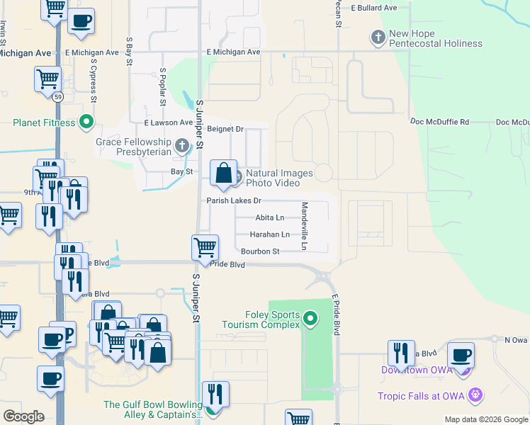 map of restaurants, bars, coffee shops, grocery stores, and more near 652 Parish Lakes Drive in Foley