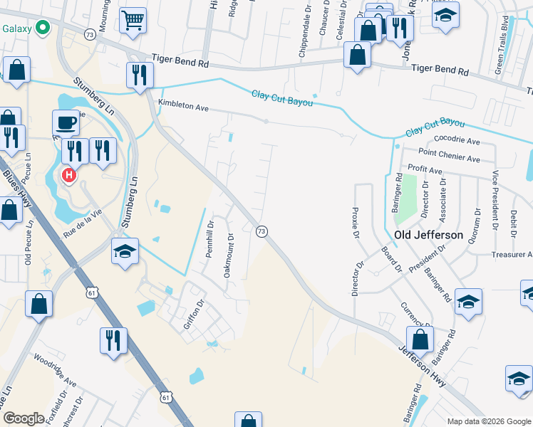 map of restaurants, bars, coffee shops, grocery stores, and more near 14310 Meadow Ridge Way Drive in Baton Rouge