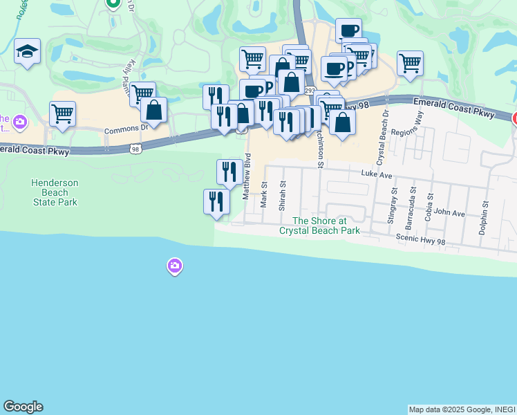 map of restaurants, bars, coffee shops, grocery stores, and more near 84 Mark Street in Destin