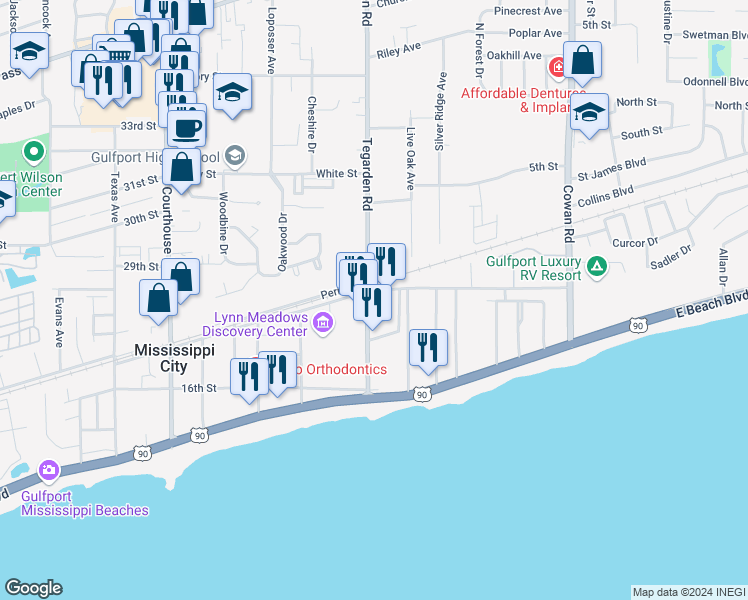 map of restaurants, bars, coffee shops, grocery stores, and more near 190 Tegarden Road in Gulfport