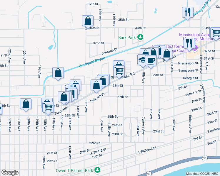 map of restaurants, bars, coffee shops, grocery stores, and more near 2715 Bullis Avenue in Gulfport