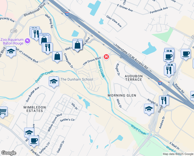 map of restaurants, bars, coffee shops, grocery stores, and more near 10222 The Grove Boulevard in Baton Rouge