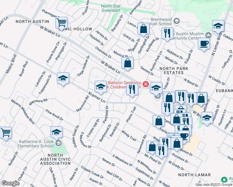 map of restaurants, bars, coffee shops, grocery stores, and more near 1304 Parsons Drive in Austin