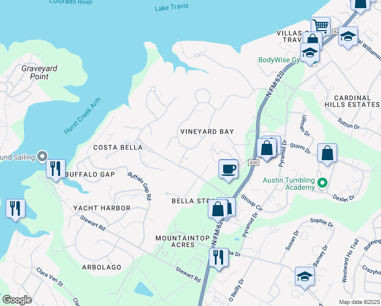 map of restaurants, bars, coffee shops, grocery stores, and more near 16032 Fontaine Avenue in Austin