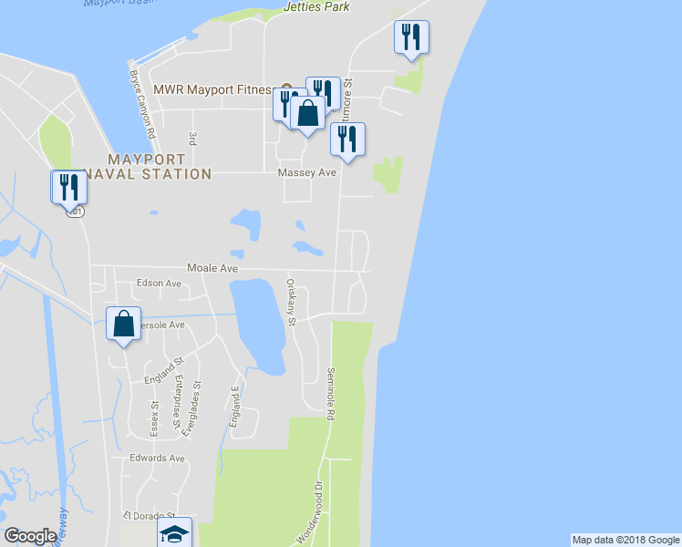 map of restaurants, bars, coffee shops, grocery stores, and more near 530 Moale Avenue in Jacksonville