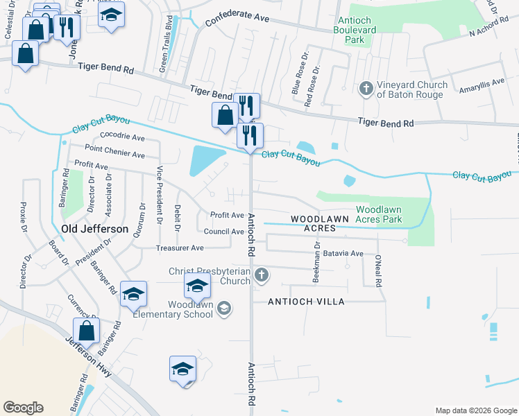 map of restaurants, bars, coffee shops, grocery stores, and more near 7467 Antioch Road in Baton Rouge