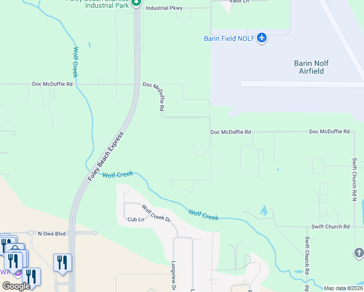 map of restaurants, bars, coffee shops, grocery stores, and more near 22506 Doc McDuffie Road in Foley