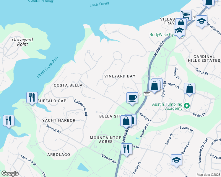 map of restaurants, bars, coffee shops, grocery stores, and more near 16032 Fontaine Avenue in Austin
