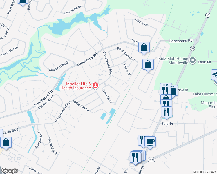 map of restaurants, bars, coffee shops, grocery stores, and more near 3 Trace Loop in Mandeville