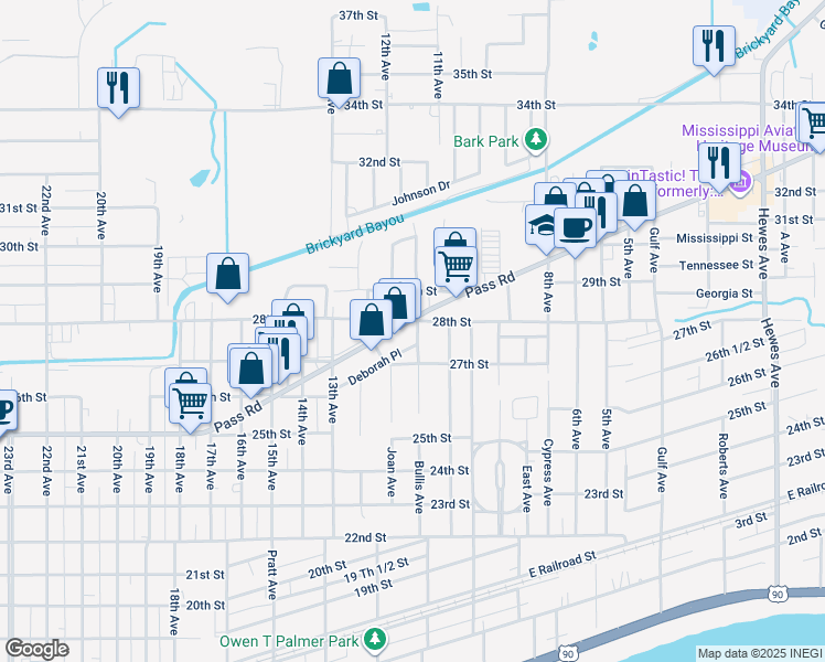 map of restaurants, bars, coffee shops, grocery stores, and more near 2715 Bullis Avenue in Gulfport