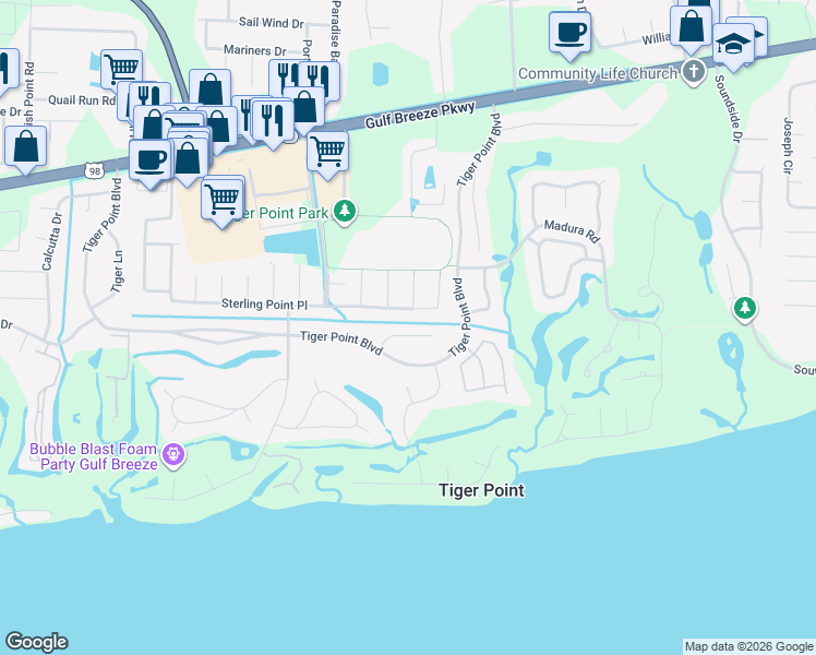 map of restaurants, bars, coffee shops, grocery stores, and more near 3908 India Cove in Gulf Breeze