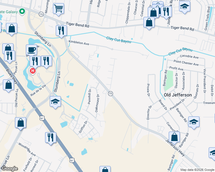 map of restaurants, bars, coffee shops, grocery stores, and more near 14310 Meadow Ridge Way Drive in Baton Rouge