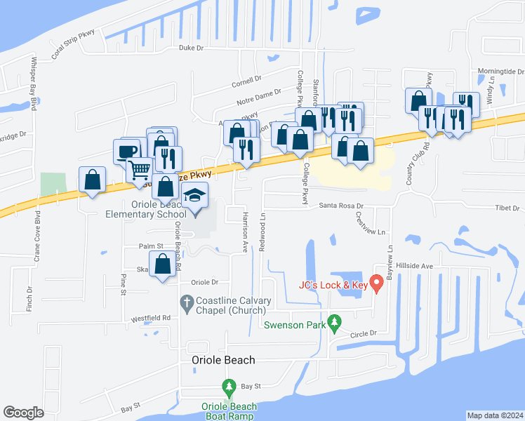 map of restaurants, bars, coffee shops, grocery stores, and more near 1319 Redwood Lane in Gulf Breeze
