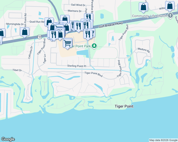 map of restaurants, bars, coffee shops, grocery stores, and more near 3808 Tiger Point Boulevard in Gulf Breeze