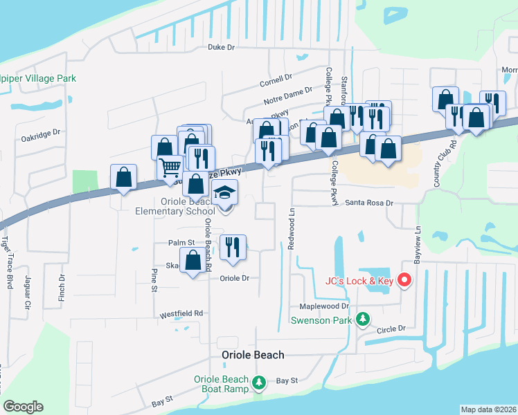 map of restaurants, bars, coffee shops, grocery stores, and more near 1284 Grand Ridge Circle in Gulf Breeze