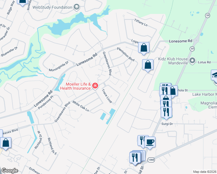 map of restaurants, bars, coffee shops, grocery stores, and more near 3 Trace Loop in Mandeville