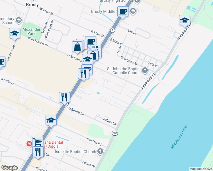 map of restaurants, bars, coffee shops, grocery stores, and more near 307 Gleason Street in Brusly