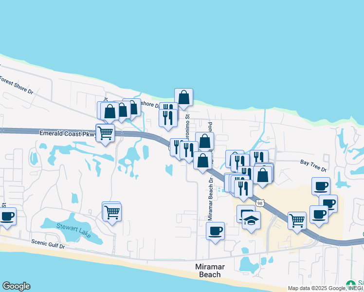 map of restaurants, bars, coffee shops, grocery stores, and more near 43 North Geronimo Street in Miramar Beach