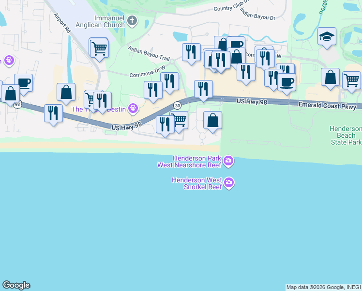 map of restaurants, bars, coffee shops, grocery stores, and more near 1900 Scenic Highway 98 in Destin