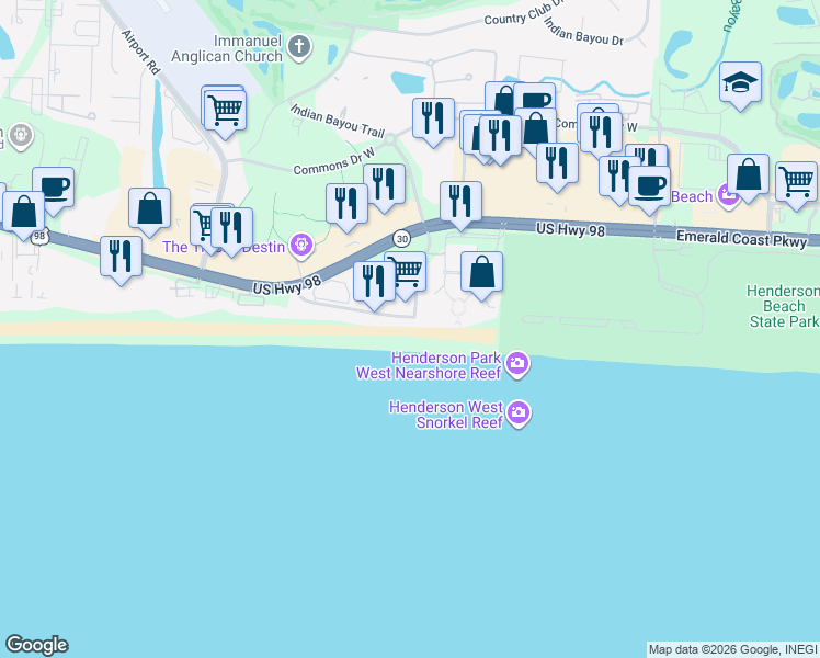 map of restaurants, bars, coffee shops, grocery stores, and more near 1900 Scenic Highway 98 in Destin