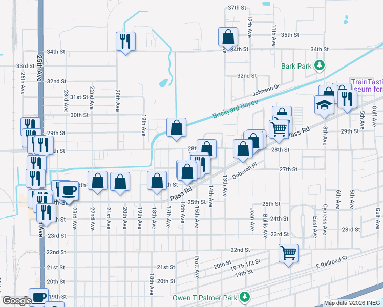 map of restaurants, bars, coffee shops, grocery stores, and more near 1501 28th Street in Gulfport