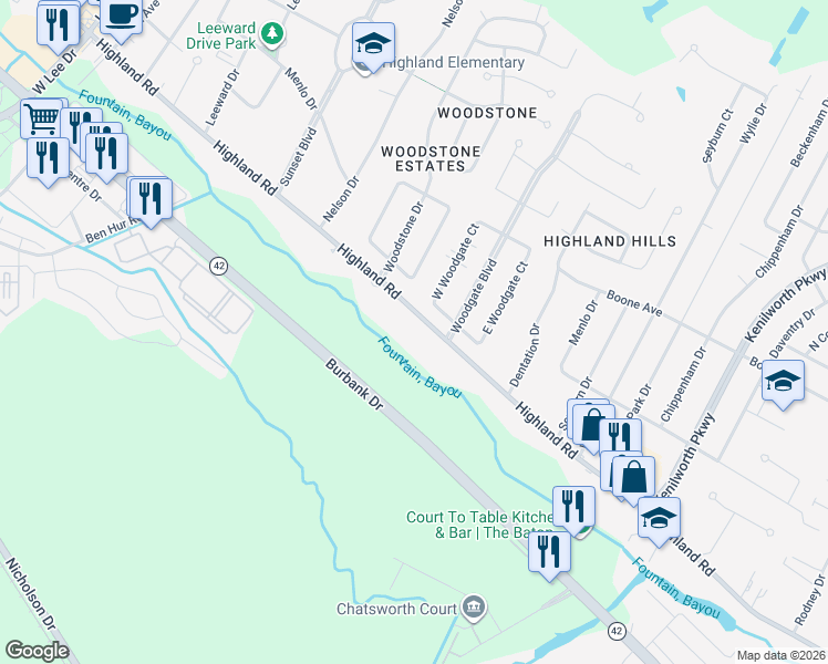 map of restaurants, bars, coffee shops, grocery stores, and more near 6638 Highland Road in Baton Rouge