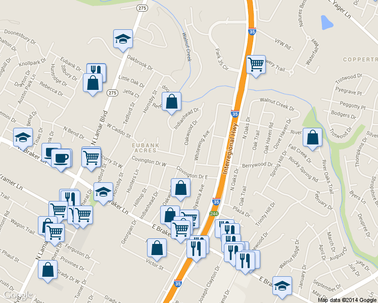 map of restaurants, bars, coffee shops, grocery stores, and more near 11703 Oakwood Drive in Austin