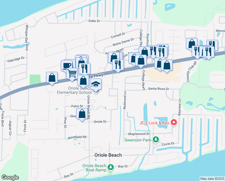 map of restaurants, bars, coffee shops, grocery stores, and more near 1284 Grand Ridge Circle in Gulf Breeze