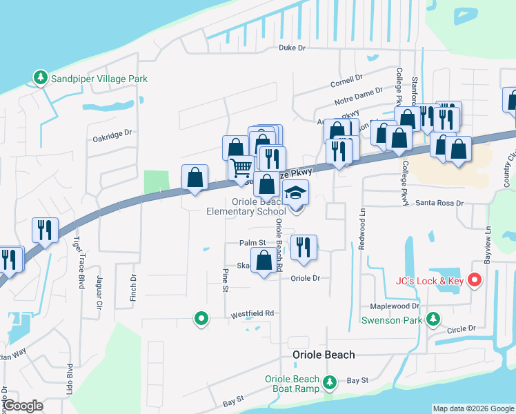 map of restaurants, bars, coffee shops, grocery stores, and more near 3046 Wind Meadow Drive in Gulf Breeze
