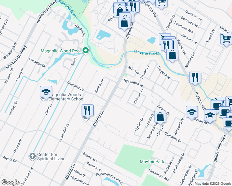 map of restaurants, bars, coffee shops, grocery stores, and more near 8923 Rickwood Drive in Baton Rouge