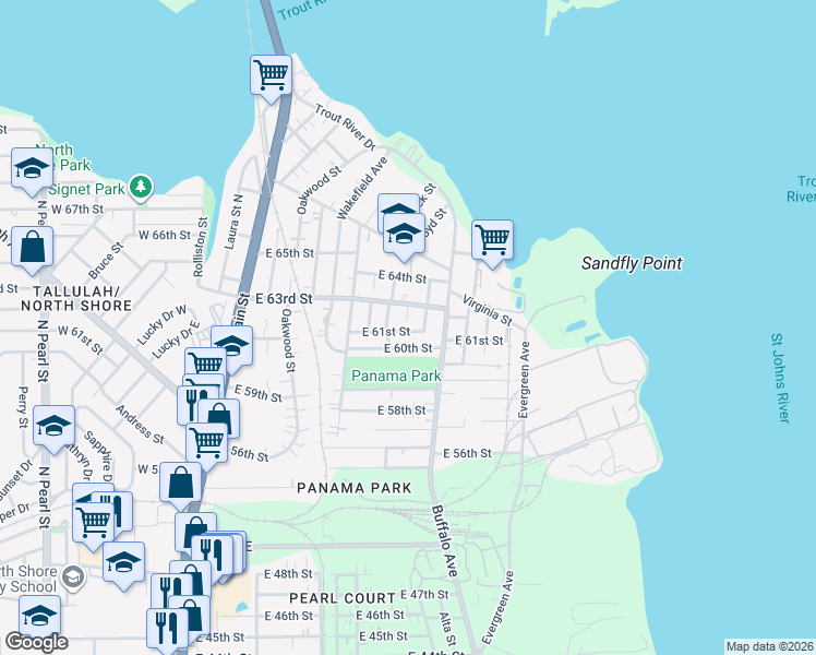 map of restaurants, bars, coffee shops, grocery stores, and more near 605 East 61st Street in Jacksonville