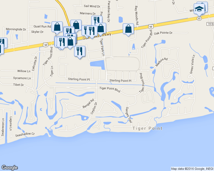 map of restaurants, bars, coffee shops, grocery stores, and more near 3808 Tiger Point Boulevard in Gulf Breeze