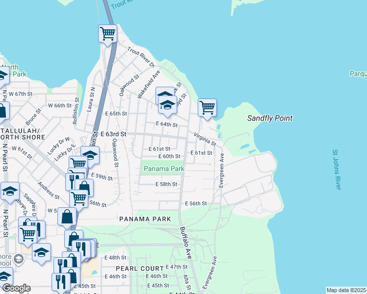 map of restaurants, bars, coffee shops, grocery stores, and more near 7124 Nelms Street in Jacksonville