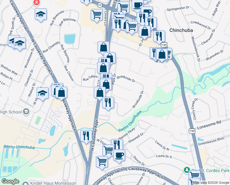 map of restaurants, bars, coffee shops, grocery stores, and more near 109 Pine Ln in Mandeville