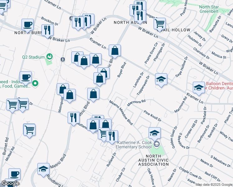 map of restaurants, bars, coffee shops, grocery stores, and more near 10510 Little Pebble Drive in Austin