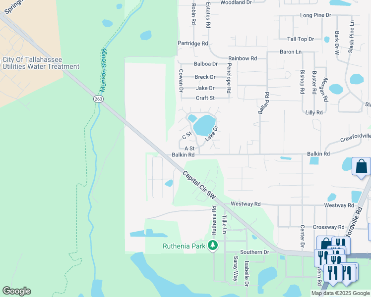 map of restaurants, bars, coffee shops, grocery stores, and more near A Street in Tallahassee