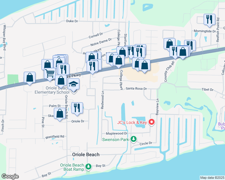 map of restaurants, bars, coffee shops, grocery stores, and more near 3240 Santa Rosa Drive in Gulf Breeze