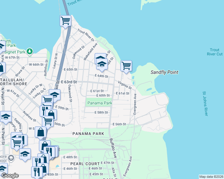 map of restaurants, bars, coffee shops, grocery stores, and more near 7124 Nelms Street in Jacksonville