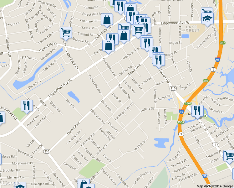 map of restaurants, bars, coffee shops, grocery stores, and more near 7463 Oriole Street in Jacksonville