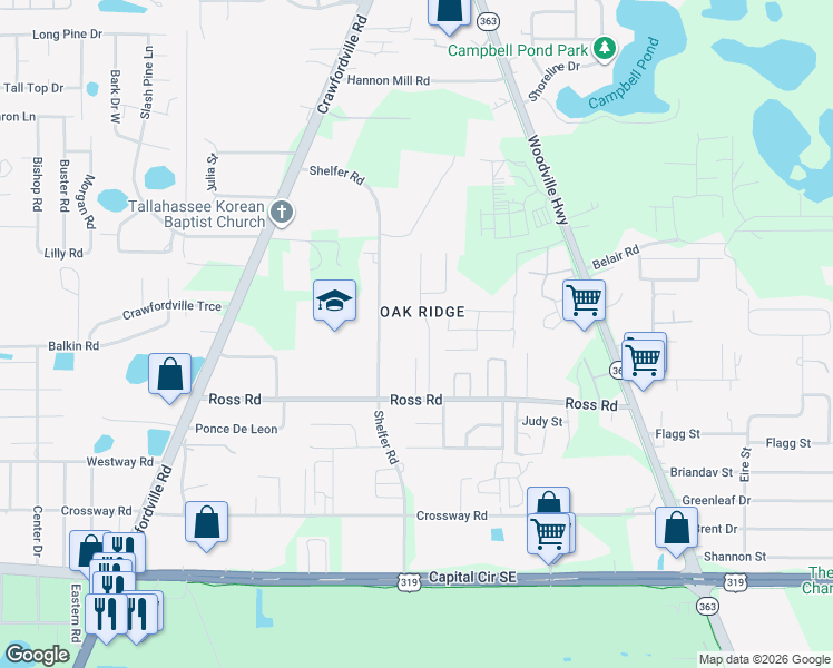 map of restaurants, bars, coffee shops, grocery stores, and more near 4575 Deslin Drive in Tallahassee