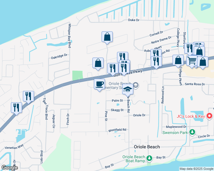map of restaurants, bars, coffee shops, grocery stores, and more near 3019 Wind Meadow Drive in Gulf Breeze