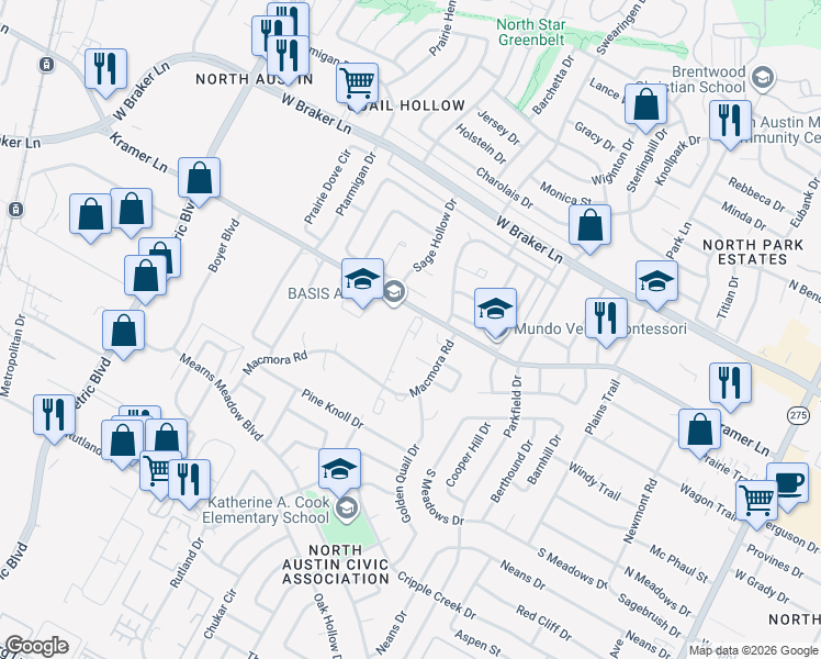map of restaurants, bars, coffee shops, grocery stores, and more near 1517 Kramer Lane in Austin