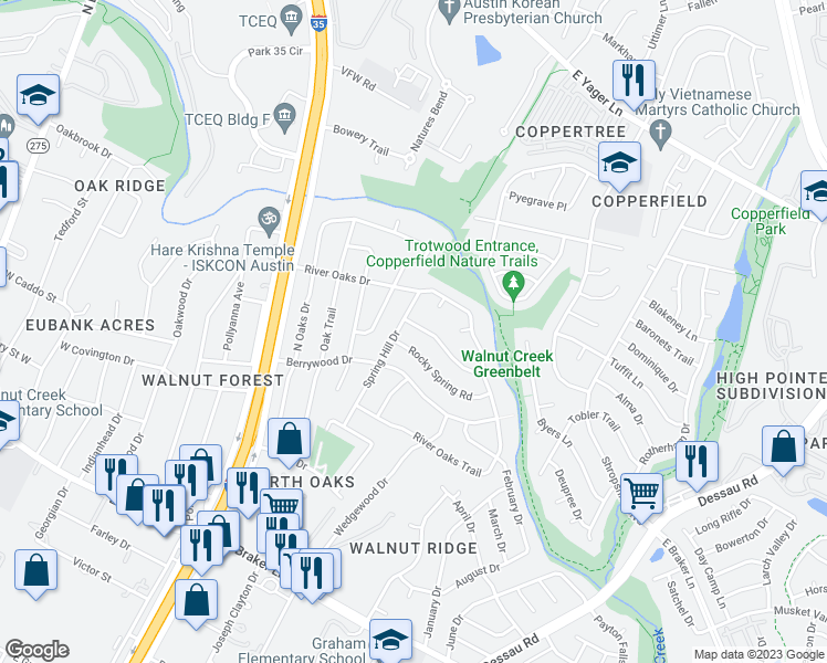map of restaurants, bars, coffee shops, grocery stores, and more near 903 Fall Creek Drive in Austin