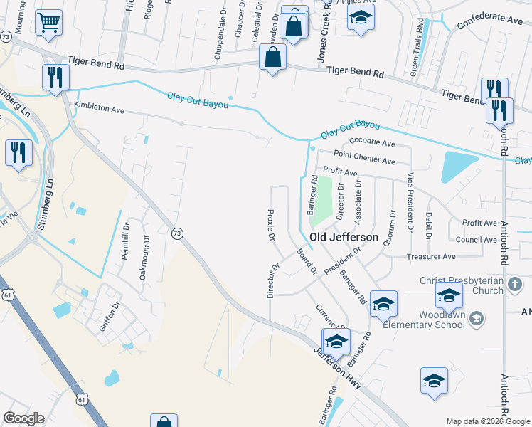 map of restaurants, bars, coffee shops, grocery stores, and more near 7434 Proxie Drive in Baton Rouge