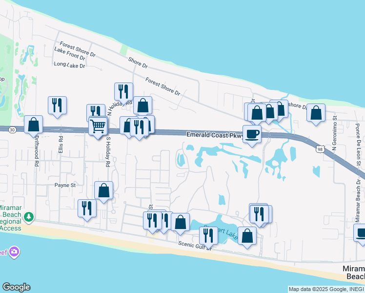 map of restaurants, bars, coffee shops, grocery stores, and more near 157 Lake Street in Miramar Beach